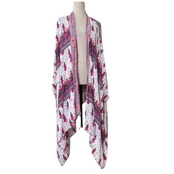 #67 Anthropologie Cream Kimono with Pink and Blue Floral Print - Picture 4 of 14